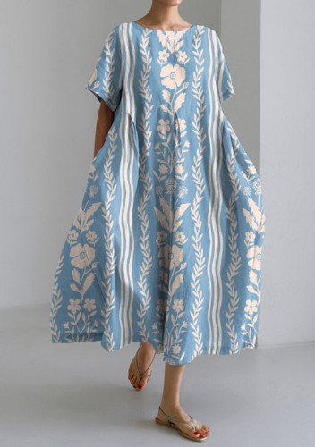 Vintage Boho Floral Print Short Sleeve Loose Midi Dress