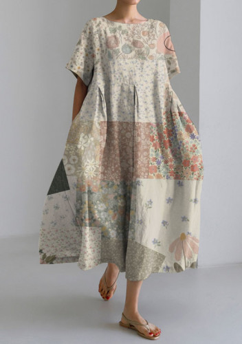 Retro Bohemian Contrast Floral Print Short-sleeved Loose Midi Dress