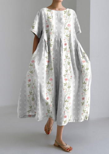 Vintage Floral Print Short-sleeved Loose Midi Dress