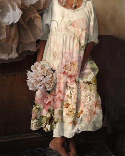 Retro Chic Floral Print Short Sleeve Puff Sleeve Dress