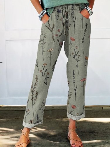 Women's Floral Printed Cotton And Linen Casual Pants