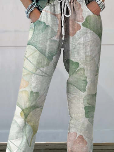 Women's Vintage Leaves Floral Printed Cotton And Linen Casual Pants