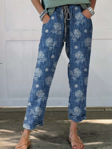 Women's Retro Floral Elegant Art Printed Cotton And Linen Casual Pants