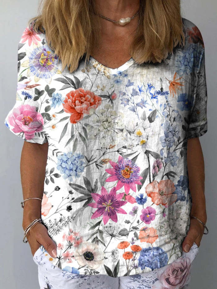 Women's Vintage Floral Art Print Casual Cotton And Linen Shirt