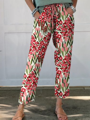 Women's Flower Printed Cotton And Linen Casual Pants