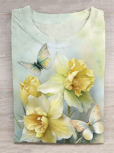 Retro Flower and Butterfly Print Short-sleeved T-shirt