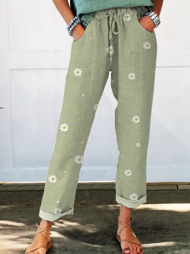 Women's Daisy Floral Printed Cotton And Linen Casual Pants