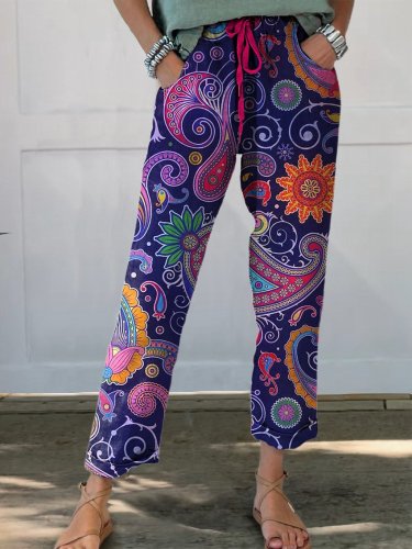 Fantastical Style Paisley Pattern Printed Women's Cotton And Linen Casual Pants