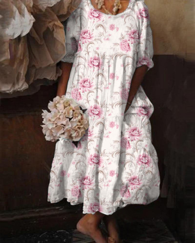 Vintage Floral Print Short Sleeve Dress