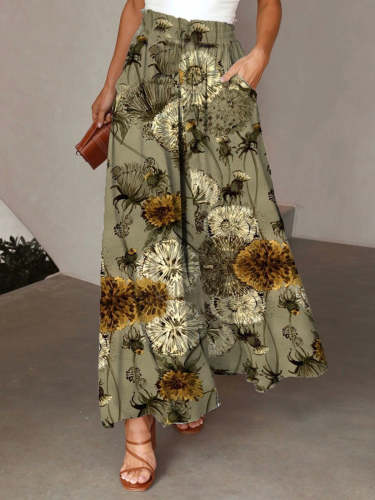 Wide Dandelion Floral Print Leg Pants