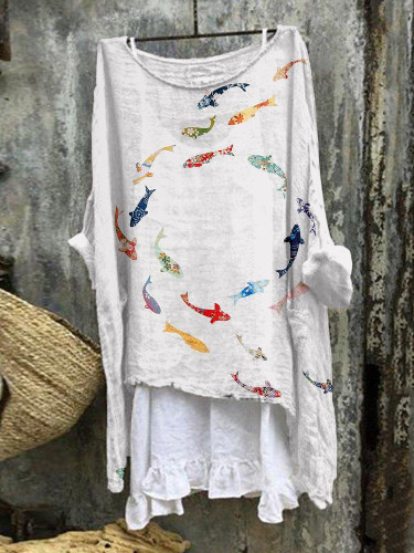 Japanese Inspire Fishes Linen Blend Tunic