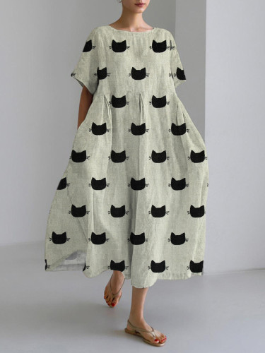 Black Cat Japanese Art Linen Blend Maxi Dress