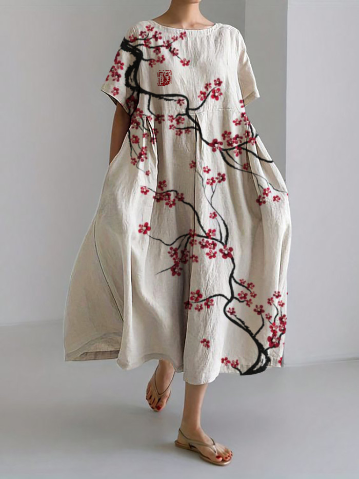 Classy Plum Blossom Japanese Art Linen Blend Maxi Dress