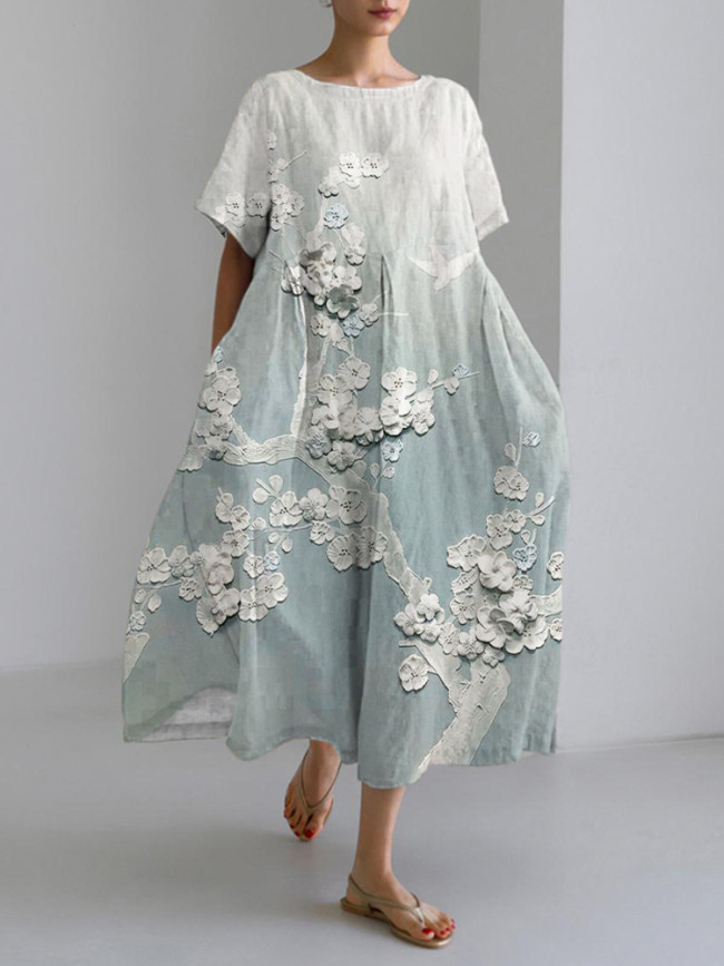Japanese Embossed Floral Linen Blend Maxi Dress