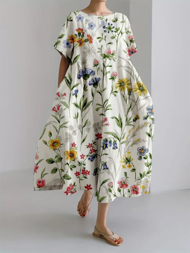 Floral Print Round Neck Short Sleeve Midi Dress
