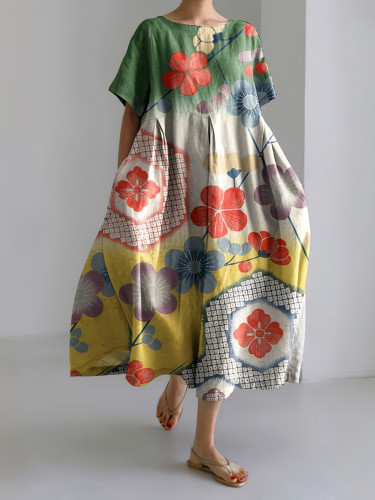 Japanese Art Cherry Blossom Print Casual Midi Dress