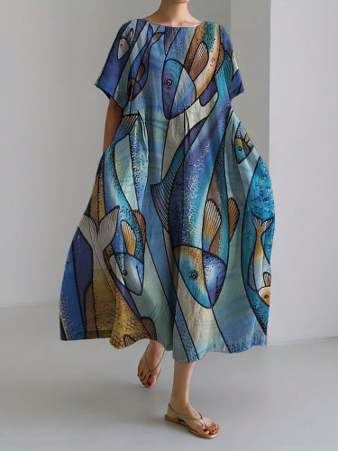 Fish Japanese Colorblock Art Linen Blend Maxi Dress