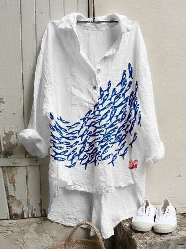 Fish Japanese Art Linen Blend High Low Tunic