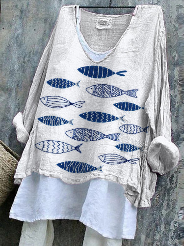 Fish Embroidery Pattern Linen Blend Casual Shirt