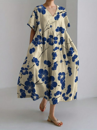 Cherry Blossom Japanese Lino Art Linen Blend Maxi Dress