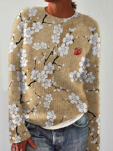 Plum Blossom Japanese Lino Art Cozy Sweater
