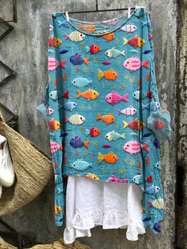 Cute Fish Embroidery Pattern Linen Blend Casual Shirt