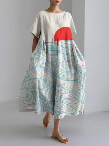 Vintage Japanese Waves & Sun Art Linen Blend Maxi Dress