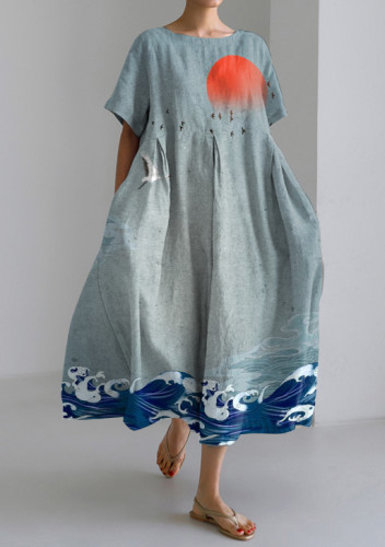Women's Japanese Art Sunset Glow Print Short Sleeve Midi Dress