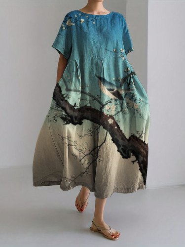 Bird on Floral Tree Gradient Japanese Art Linen Blend Maxi Dress