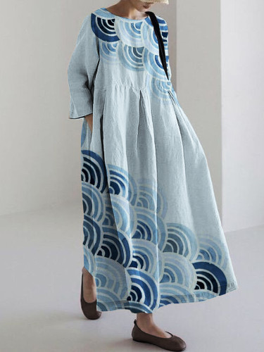 Sea Waves Japanese Lino Art Linen Blend Maxi Dress