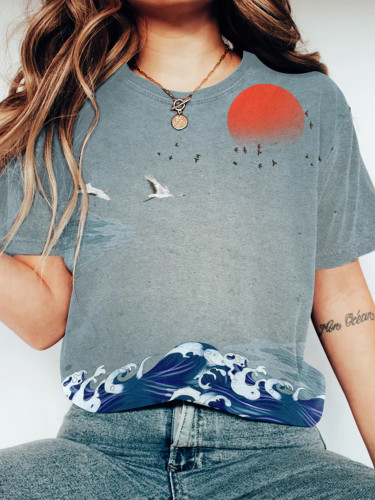 Women Japanese Art Sunset Glow Printed Round Neck T-Shirt