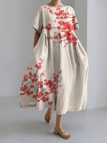 Japanese Art Floral Print Round Neck Short Sleeve Casual Midi Dress
