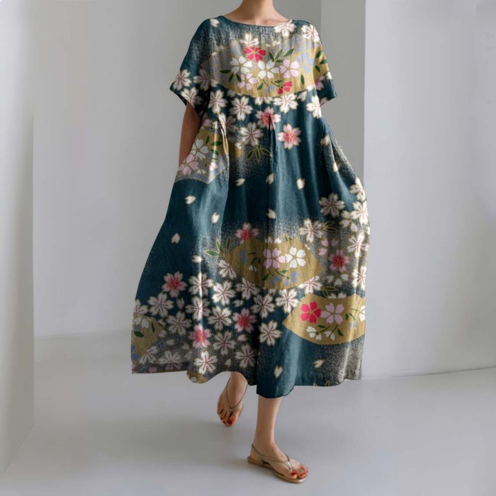 Women Japanese Art Sakura Linen Blend Maxi Dress