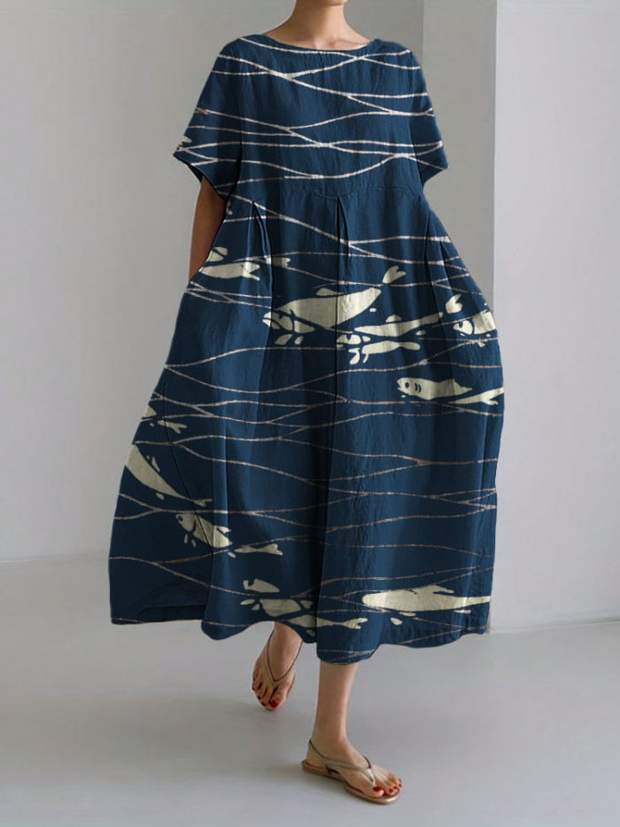 Cluster of Fish Sea Waves Japanese Lino Art Linen Blend Maxi Dress