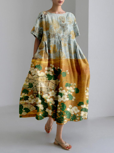 Vintage Japanese Art Linen Blend Maxi Dress