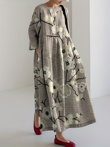 Japanese Art Flower Print Long Sleeves Loose Midi Dress