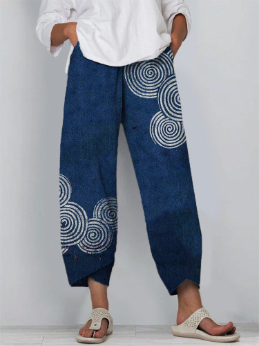 Sea Waves Ripples Japanese Lino Art Linen Blend Cropped Pants