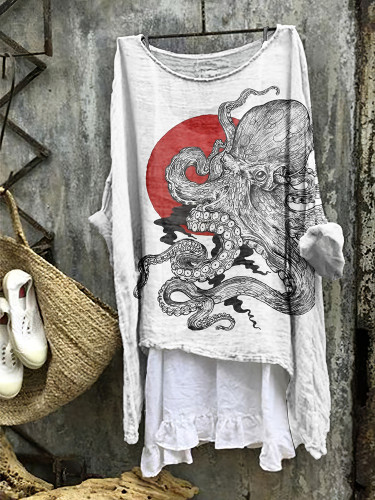 Women's Japanese Octopus Casual Round Neck Shirt