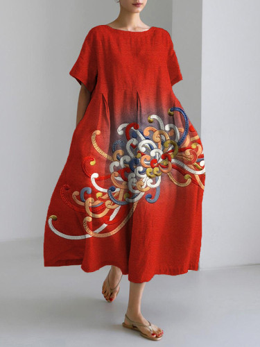 Embroidered Japanese Flower Art Linen Blend Maxi Dress
