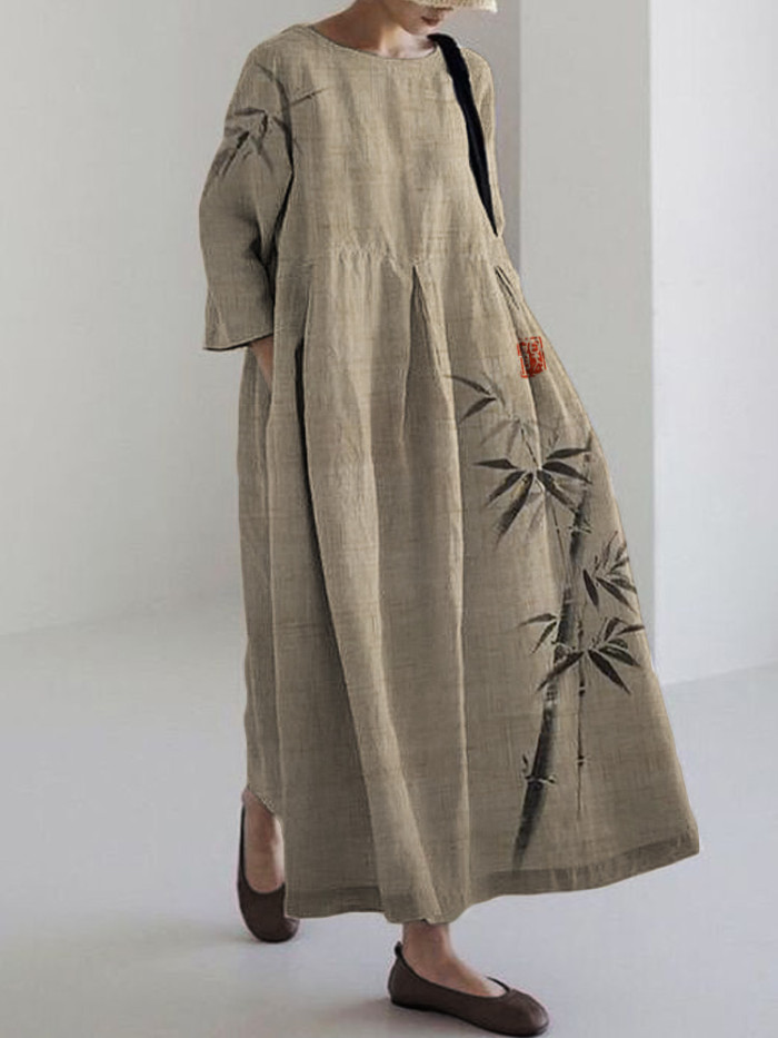 Classy Bamboo Japanese Art Linen Blend Maxi Dress