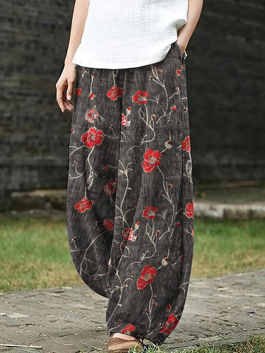 Japanese Art Flower Print Loose Pants