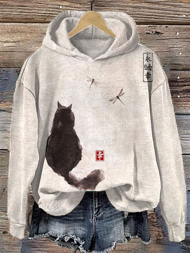 Ink Painting Black Cat Japanese Art Print Retro Hooded Sweatshirt