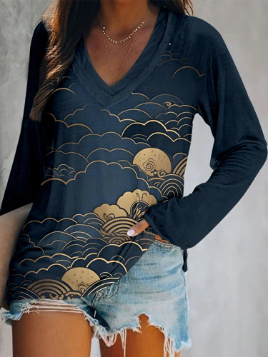 Japanese Clouds & Waves Art V Neck Casual T Shirt