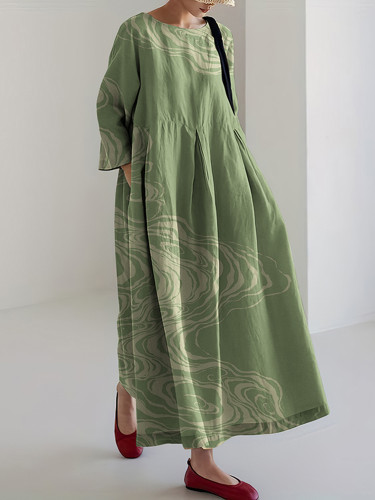 Japanese Sea Wave Print Linen Blend Cozy Maxi Dress