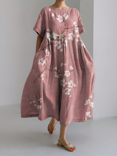 Bird on Plum Blossom Branches Japanese Linen Blend Maxi Dress