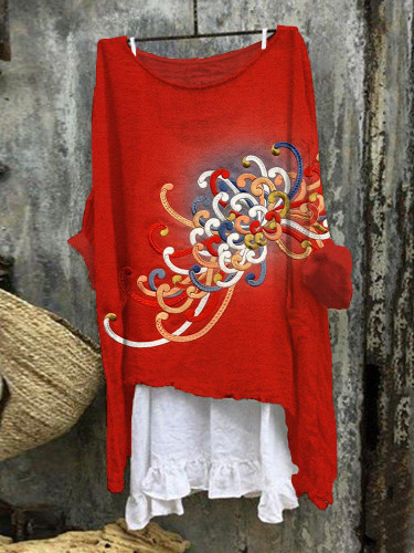 Embroidered Japanese Flower Art Linen Blend Flowy Tunic