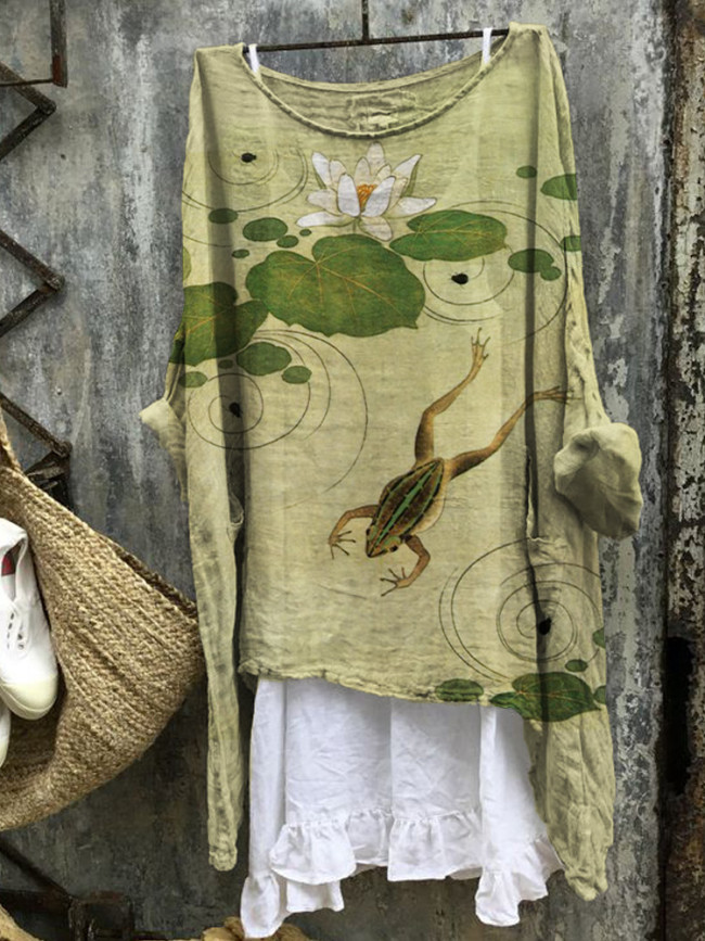 Frog & Lotus Pond Japanese Art Linen Blend Tunic