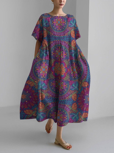 Vintage Ethnic Print Short Sleeve Loose Midi Dress