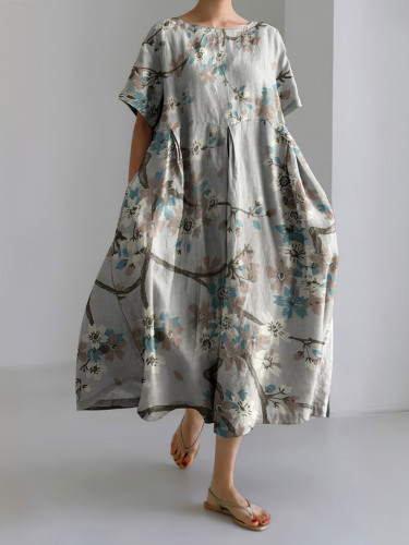 Floral Print Round Neck Short Sleeve Loose Midi Dress