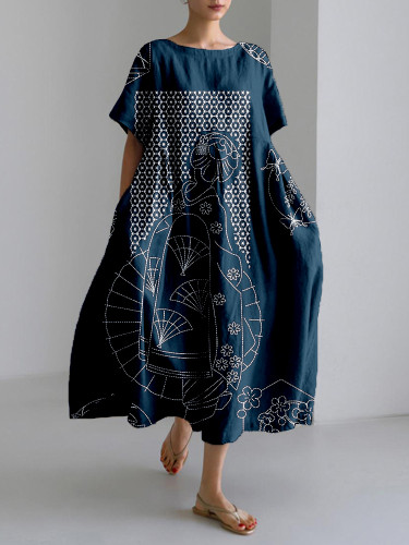 Japanese Kimono Woman Pattern Linen Blend Maxi Dress